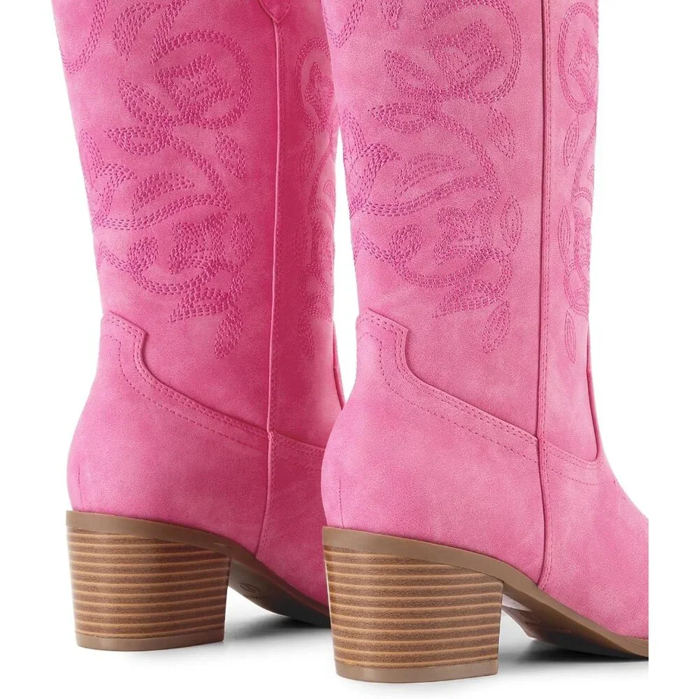 Women's Pink Cowgirl Western Boots Fashion Embroidery Stitched Chunky Heel - Picture 3 of 8
